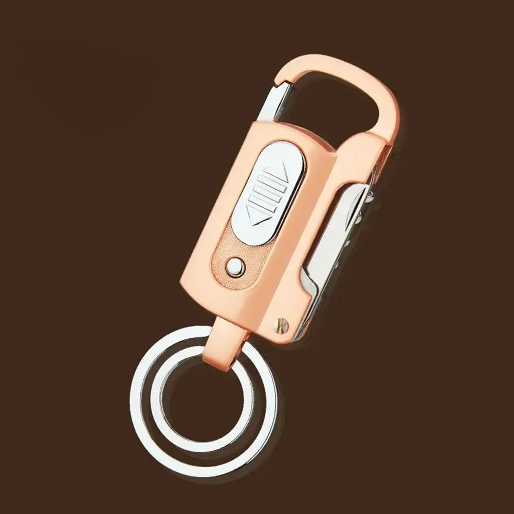 Peach-colored electronic lighter with a keyring attachment.