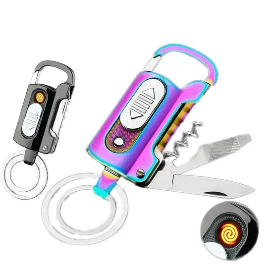 Multifunction keychain tool with colorful iridescent finish featuring a knife, corkscrew, and lighter.