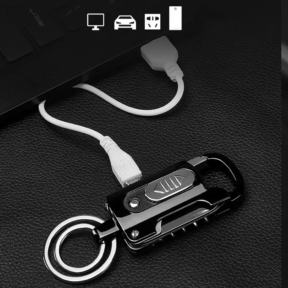 Multifunctional keychain with a built-in USB charging cable and carabiner clip.