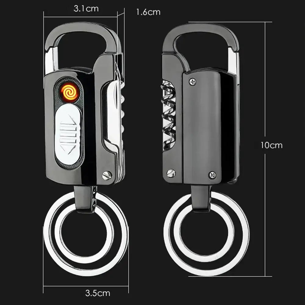 Multifunctional keychain with built-in lighter, LED light, and carabiner clip.