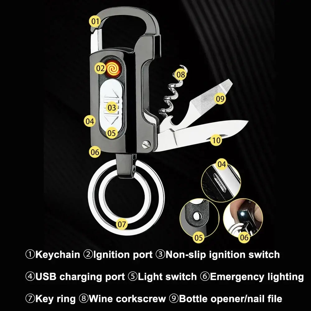 Multifunctional keychain tool with various built-in accessories and features.