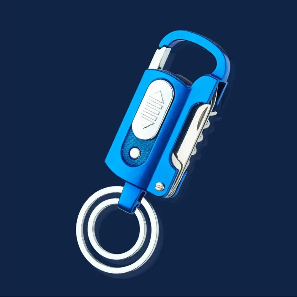 Blue and silver keychain with a built-in lighter.