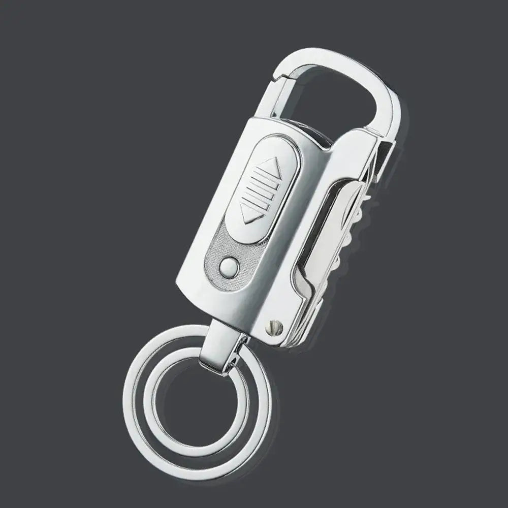 Metallic keychain with a carabiner-style clip and integrated lighter.