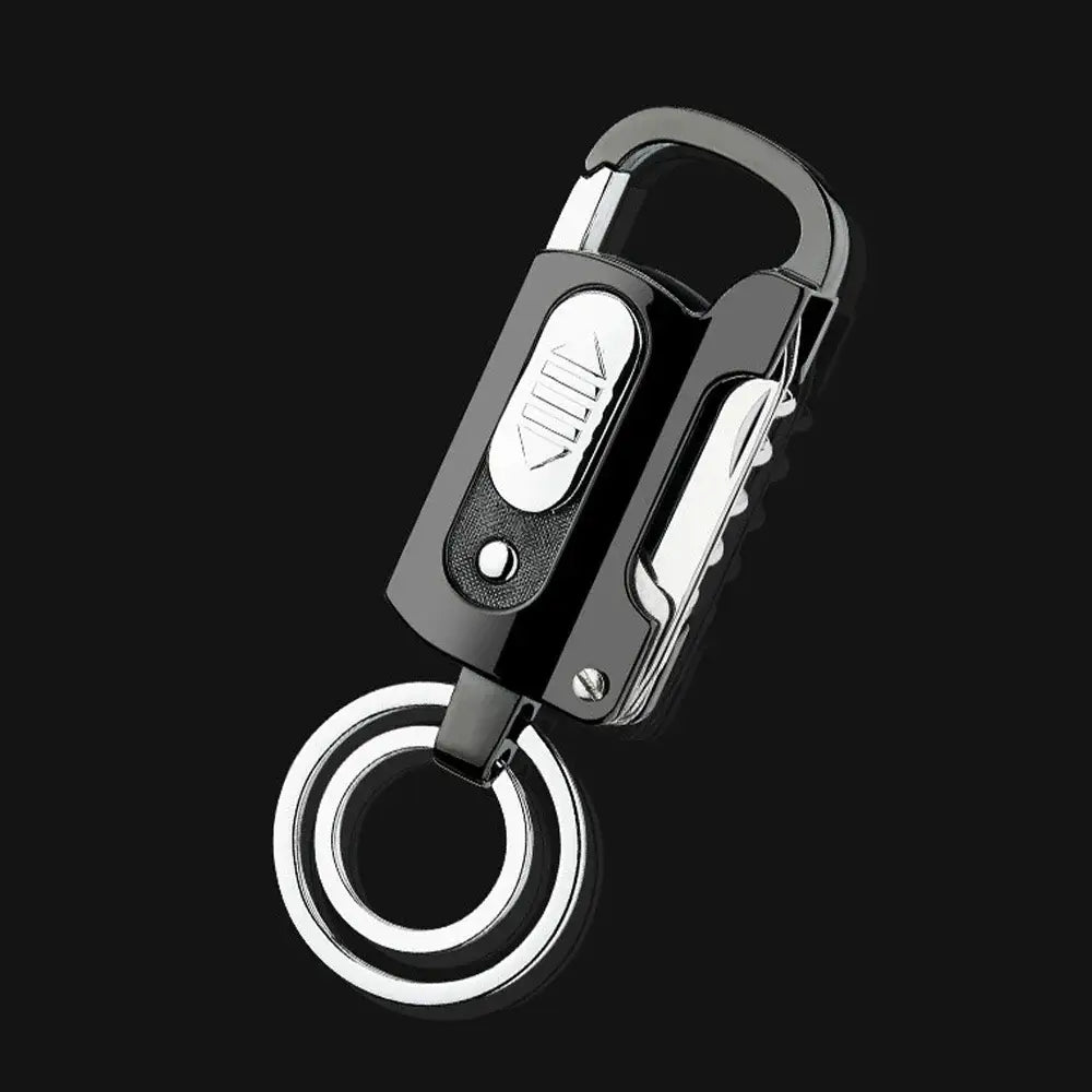 Sleek metal keychain with an integrated lighter and carabiner-style clip.