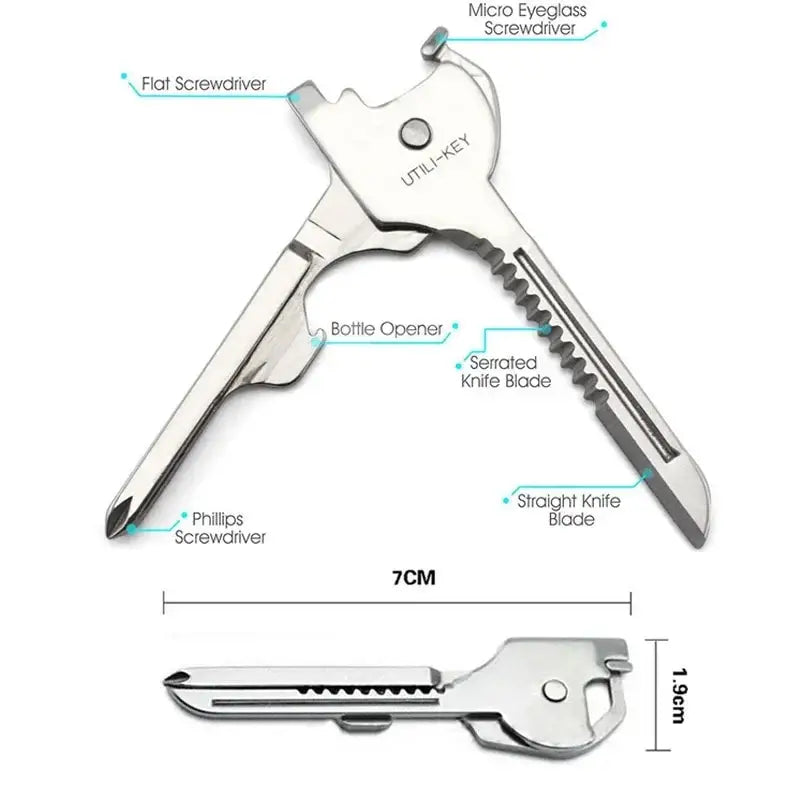 Multi-tool key-shaped device with various built-in tools and functions.