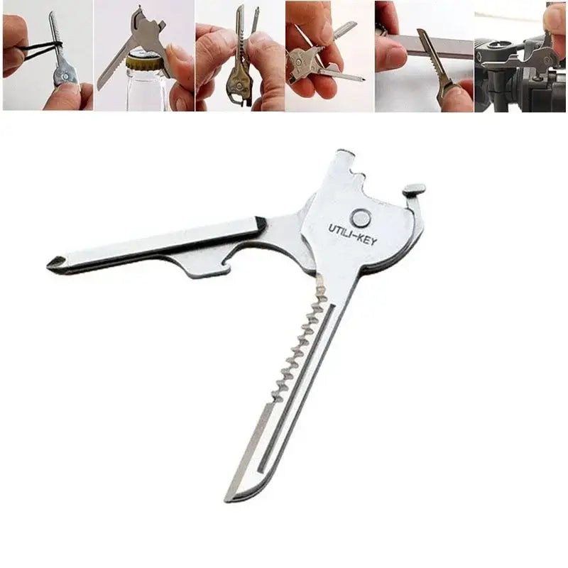 Multi-tool key-shaped device combining various functions like a bottle opener, screwdriver, and knife blade.