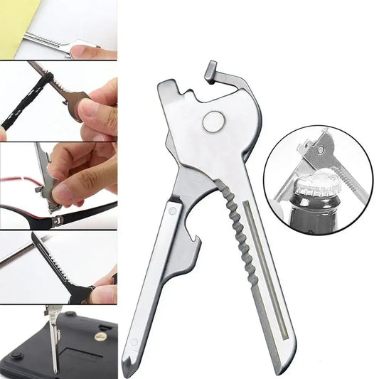 Multi-tool key-shaped device with various integrated functions like a bottle opener, screwdriver, and wrench.