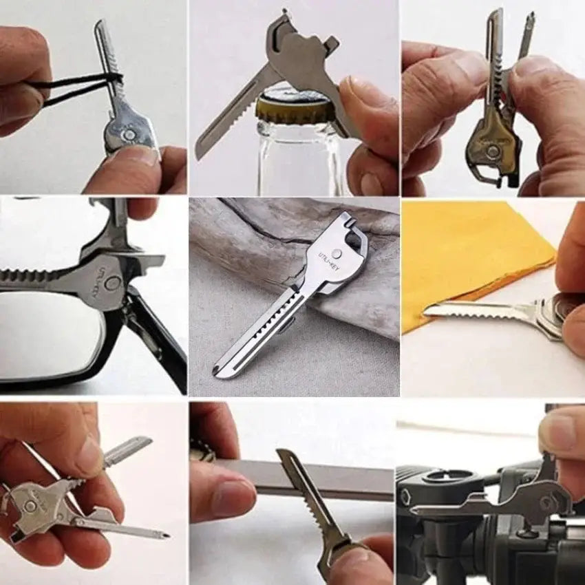 Multi-tool key that combines various functions like bottle opener, screwdriver, and cutting edge.