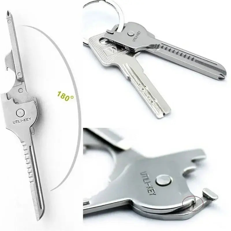 Multifunctional key-shaped tool with a folding blade and various integrated functions.