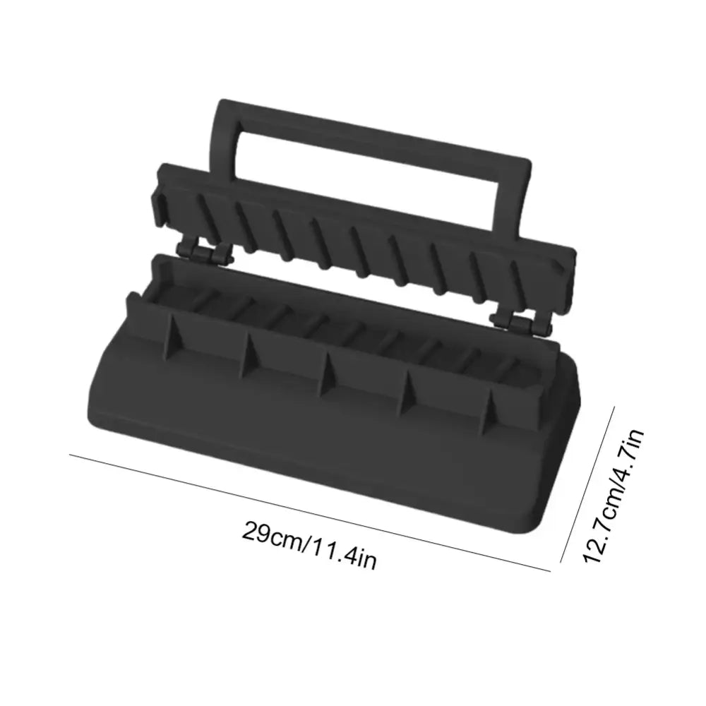 Black plastic tool organizer with multiple slots and a handle.