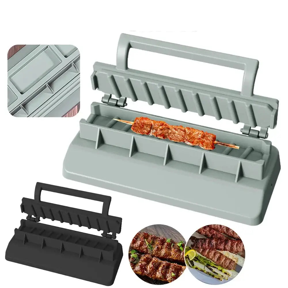 Portable grill or food cooking device with a hinged lid and compartments for holding skewers or kebabs.