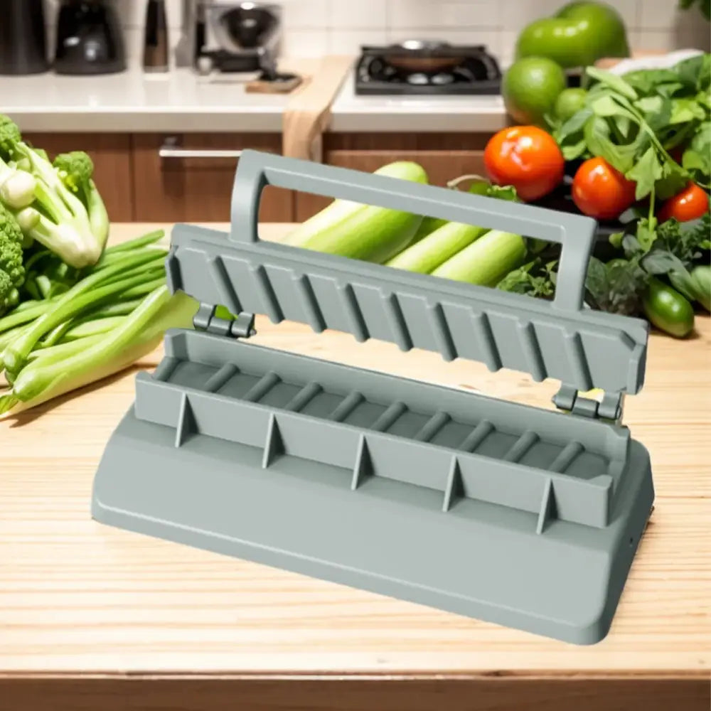 Plastic kitchen gadget with slots for holding and organizing knives.