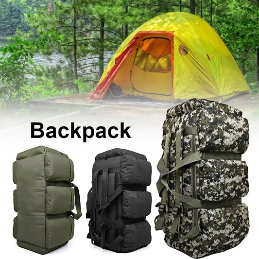 Camping backpacks in olive green, black, and camouflage patterns.