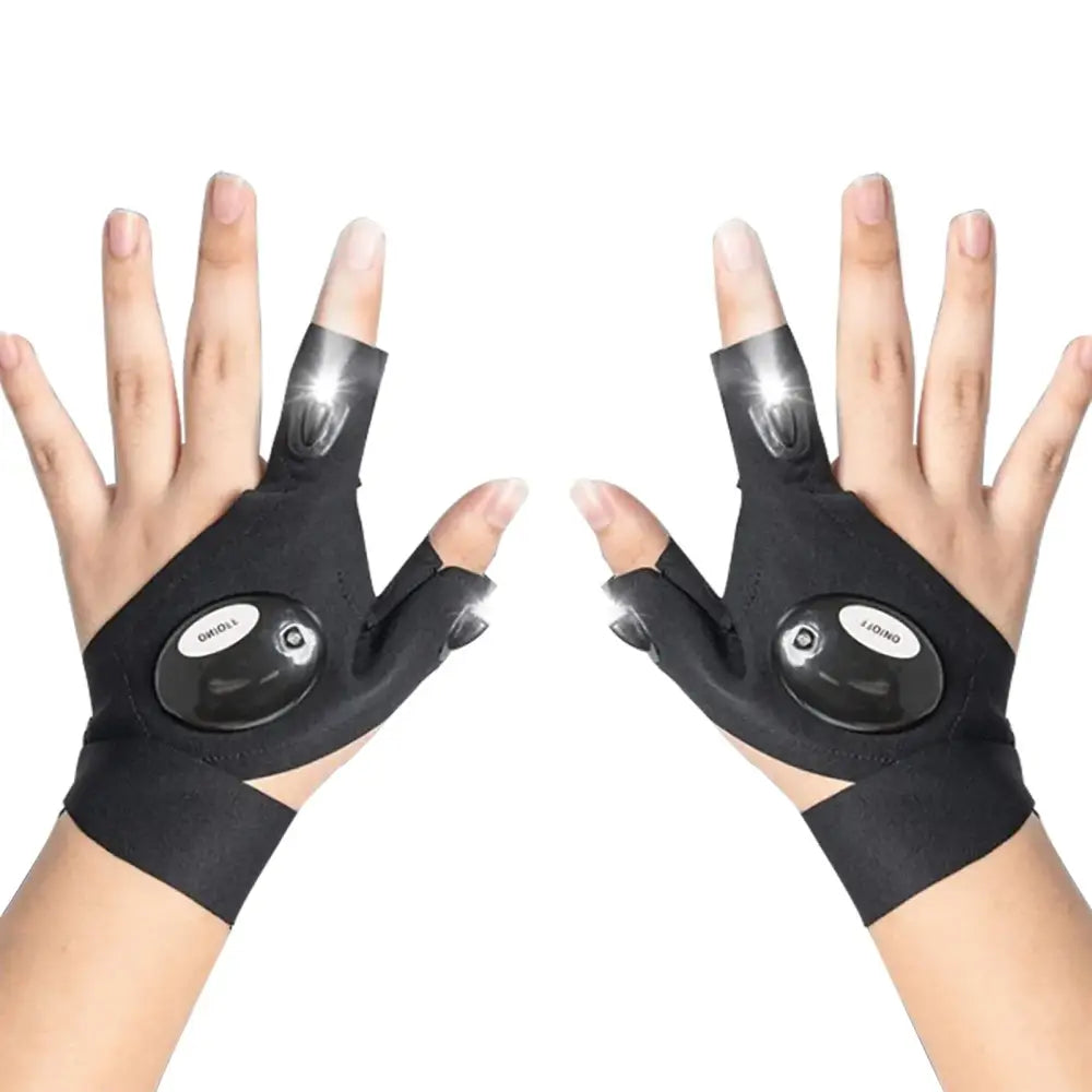 Pair of black fingerless gloves with built-in LED lights on the palms.