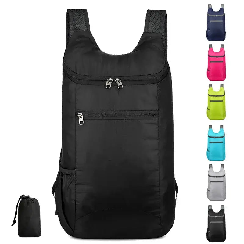 Black lightweight backpack with multiple zippered compartments and shoulder straps.