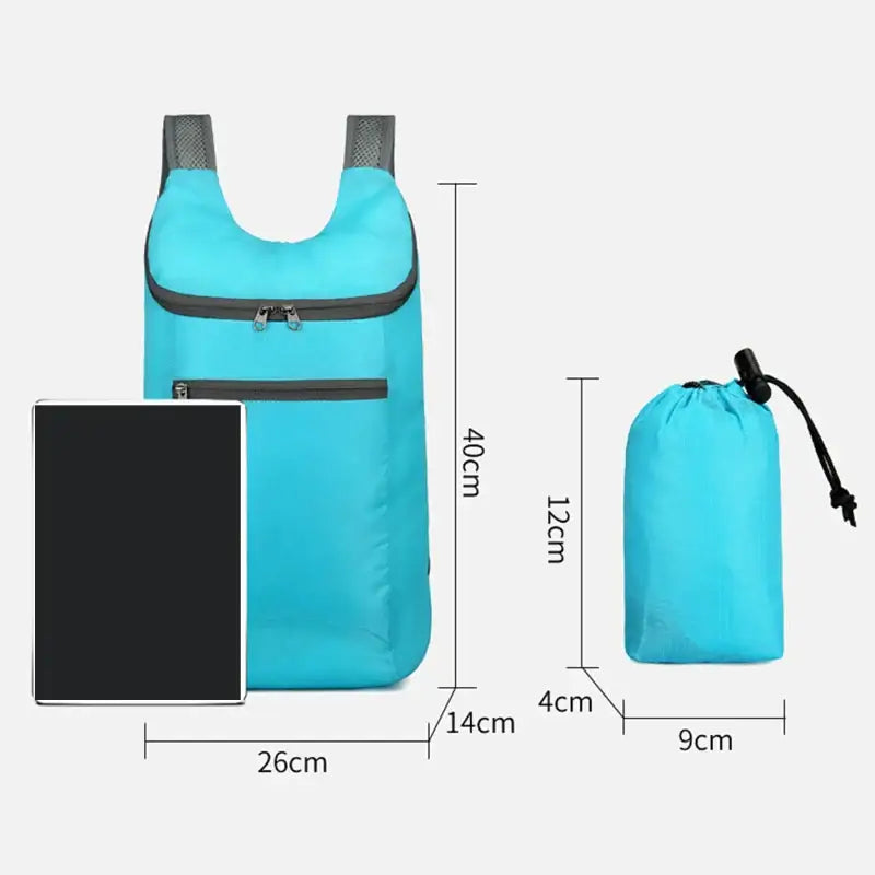 Bright turquoise foldable backpack with accompanying drawstring pouch.