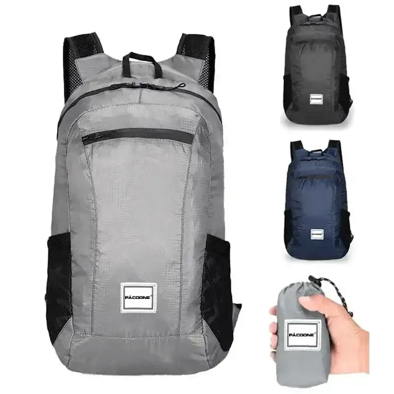 Foldable lightweight backpack shown in gray, black, and navy color options.