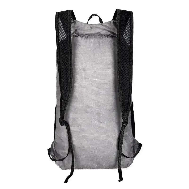 Lightweight gray backpack with black mesh shoulder straps.