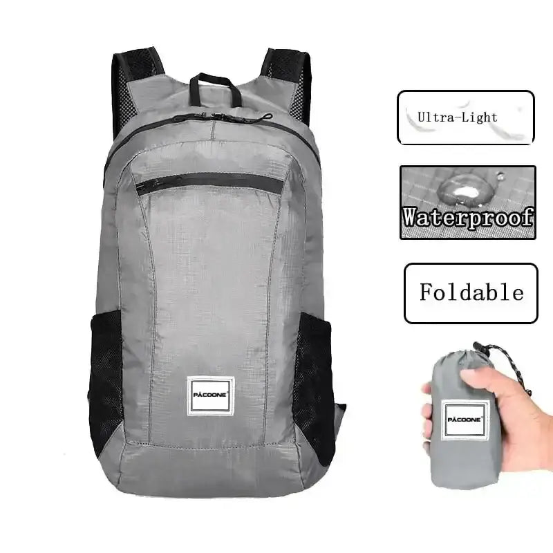 Gray backpack with black straps and a front zippered pocket.