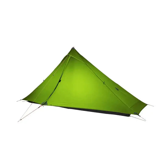 Bright green triangular camping tent with a single pole design.