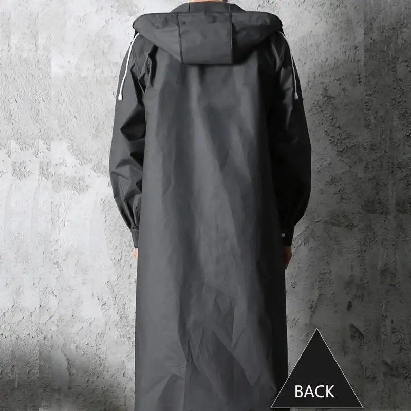 Dark gray hooded raincoat with long sleeves and a full-length design.