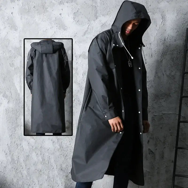 Long gray hooded raincoat with button closures.