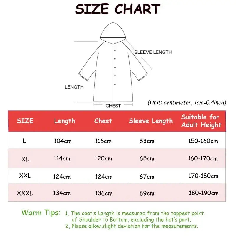 Size chart for a hooded coat or jacket showing measurements and sizing guidelines.