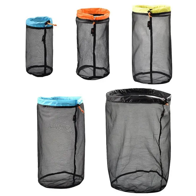 Mesh storage bags with colorful drawstring tops in various sizes.