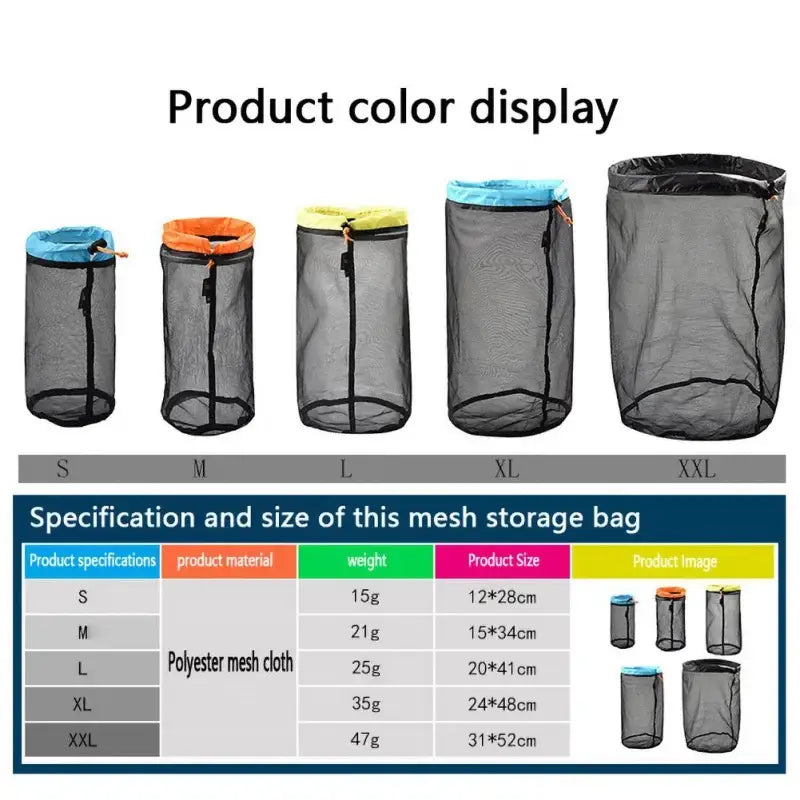 Mesh storage bags in various sizes with colored drawstring tops.