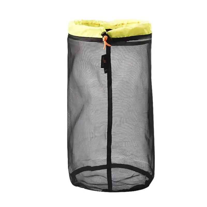 Mesh storage bag with a yellow drawstring closure at the top.