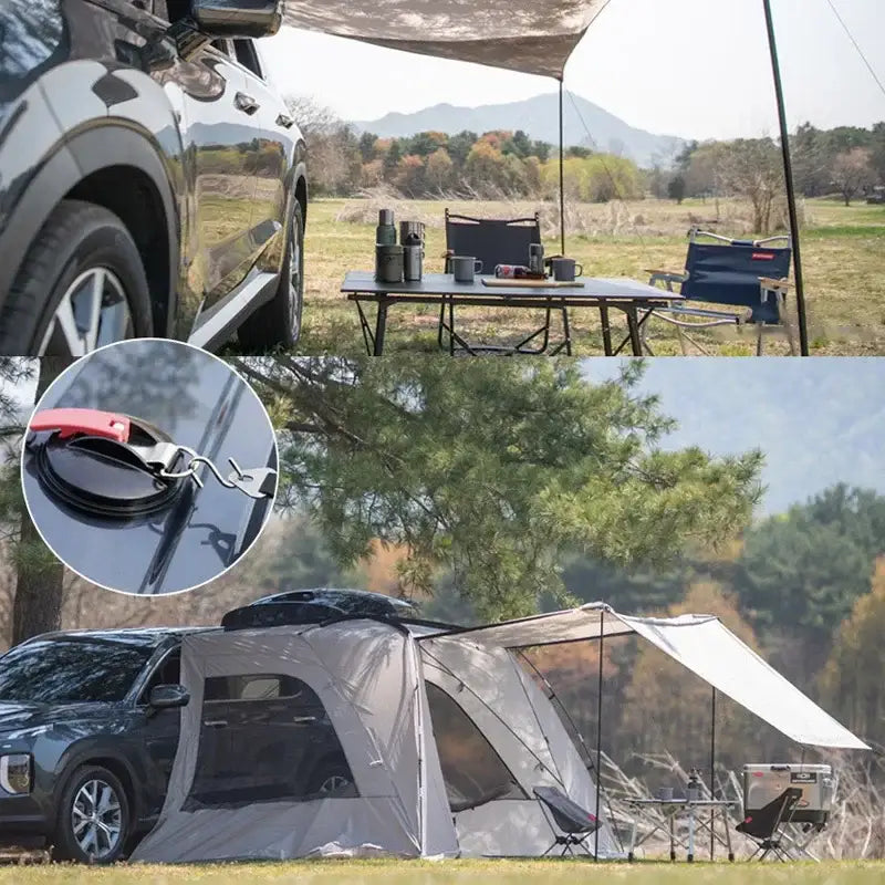 Camping setup with a vehicle, tent, and outdoor gear.