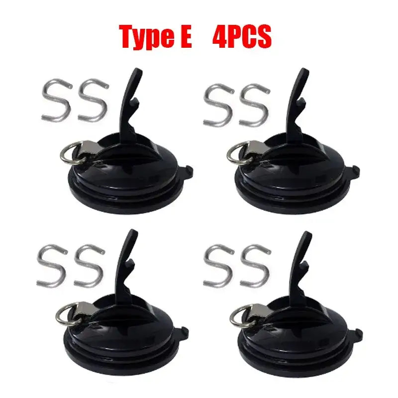 Suction cup mounts with metal hooks, labeled ’Type E 4PCS’.