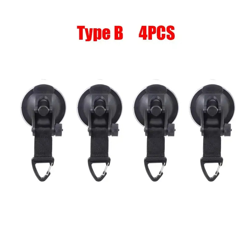 Four black suction cup hooks with metal carabiners attached.