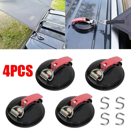 Set of four suction cup anchors with red handles and metal hooks.