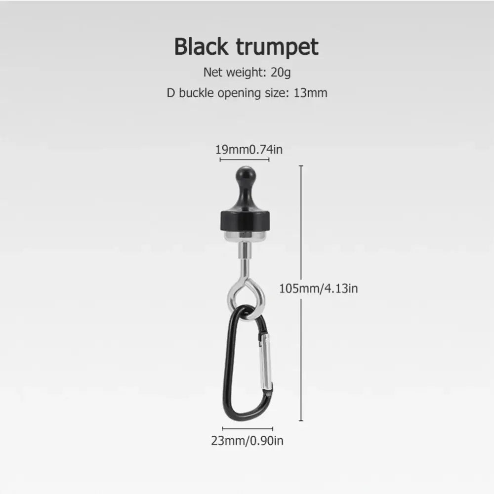 Black trumpet-shaped device with a carabiner attached.