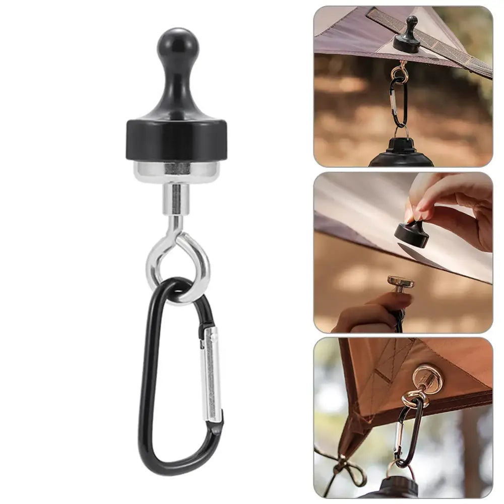 Magnetic hook with a carabiner attachment for hanging items.