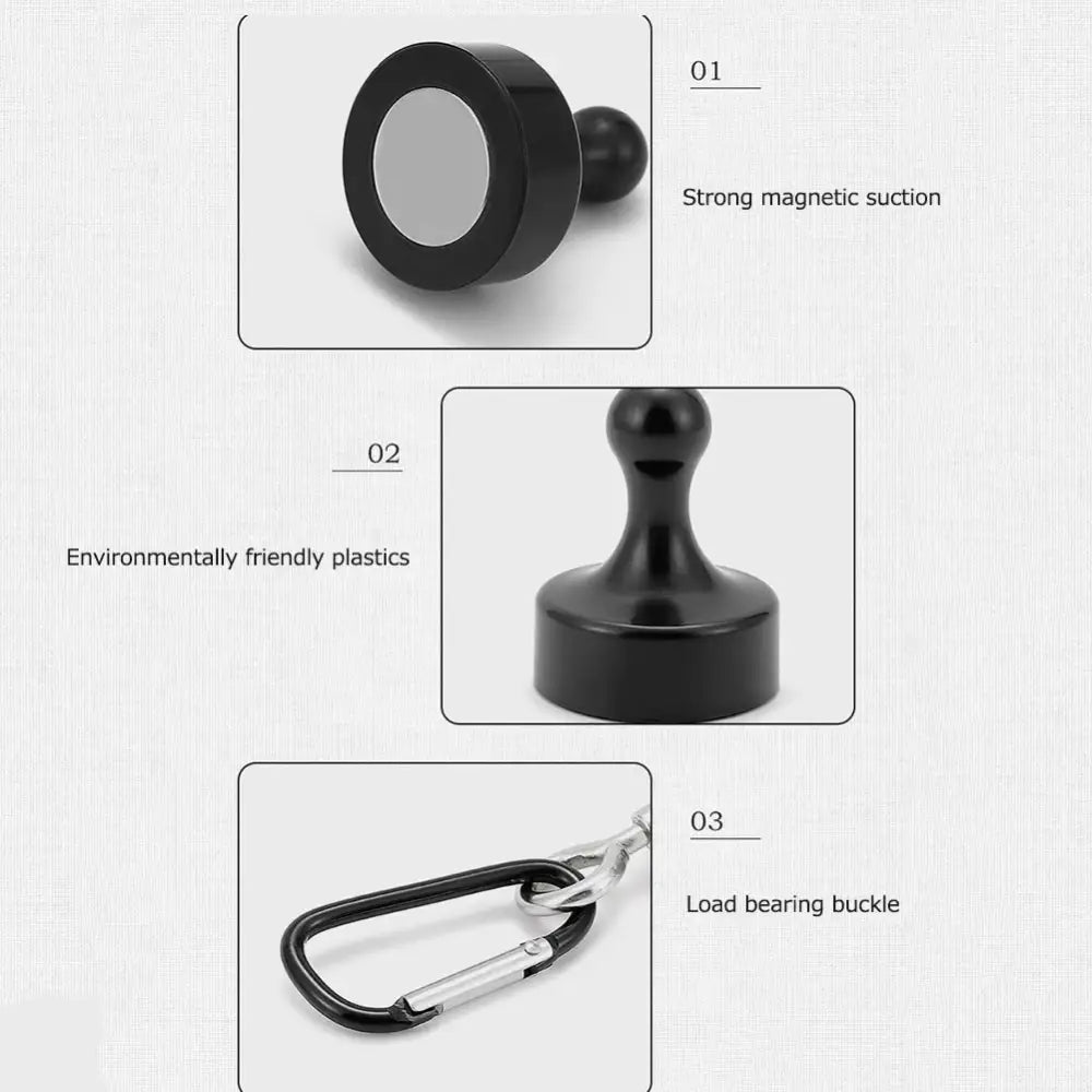 Magnetic mount with suction cup, plastic base, and carabiner attachment.