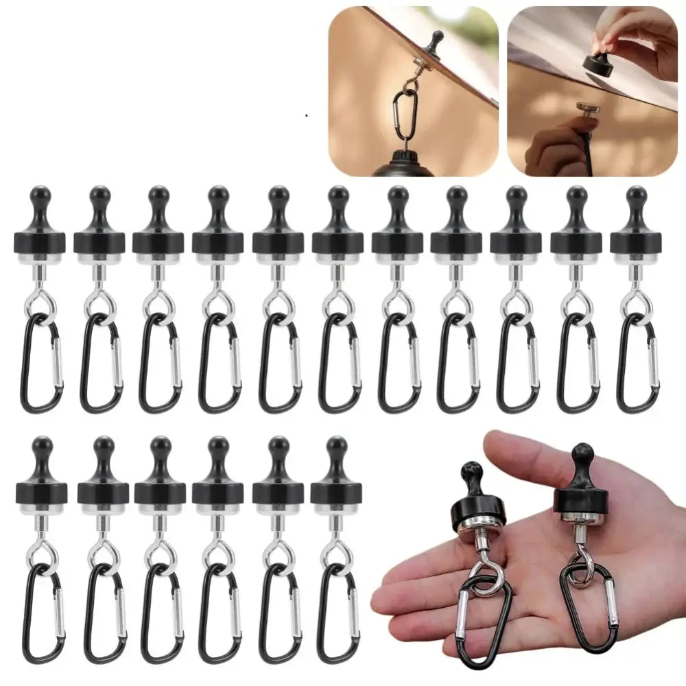 Set of magnetic hooks with attached carabiners.