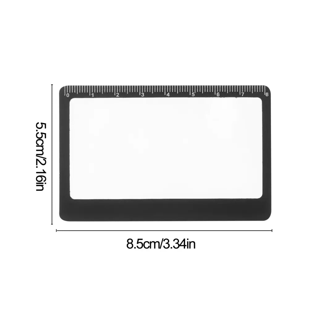 Credit card-sized magnifying lens with ruler markings along the edges.