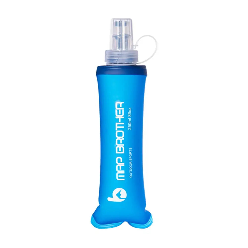 Blue flexible water bottle with a spray cap and ’Map Brother’ branding.