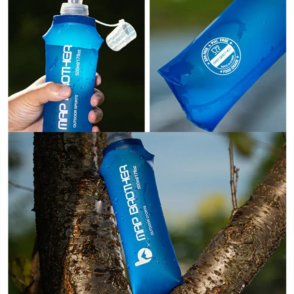 Blue flexible water bottle with a white logo and cap.