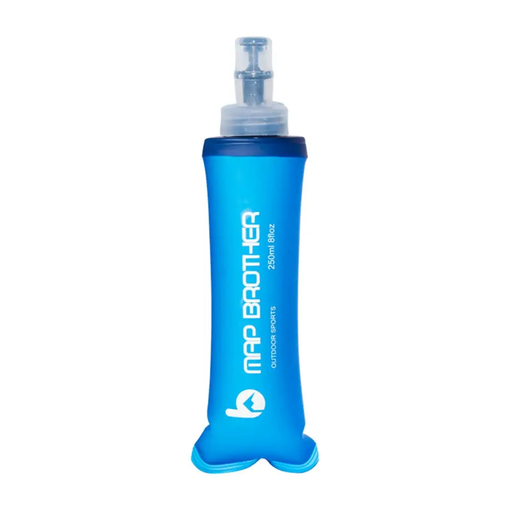 Blue flexible water bottle with a white nozzle cap and logo.