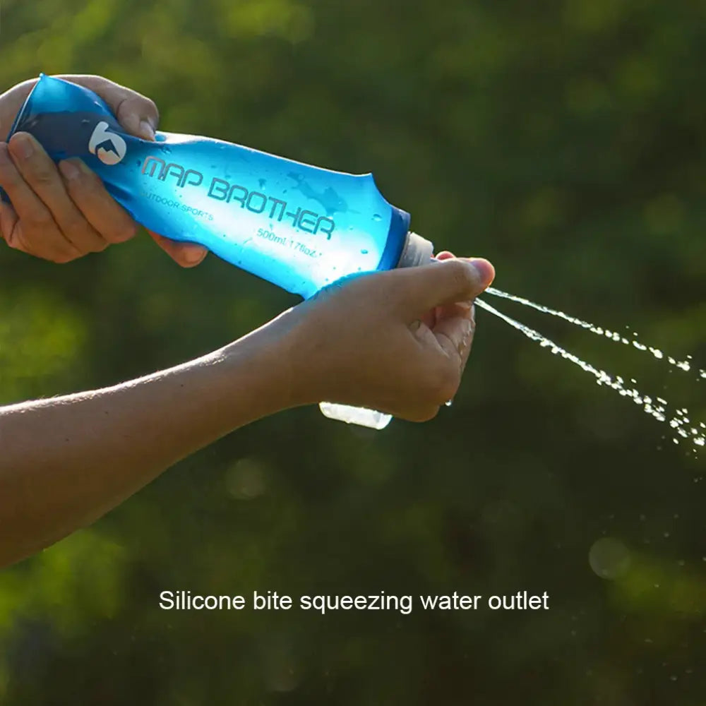 Blue water bottle labeled ’Vap Brother’ with water spraying from its nozzle.