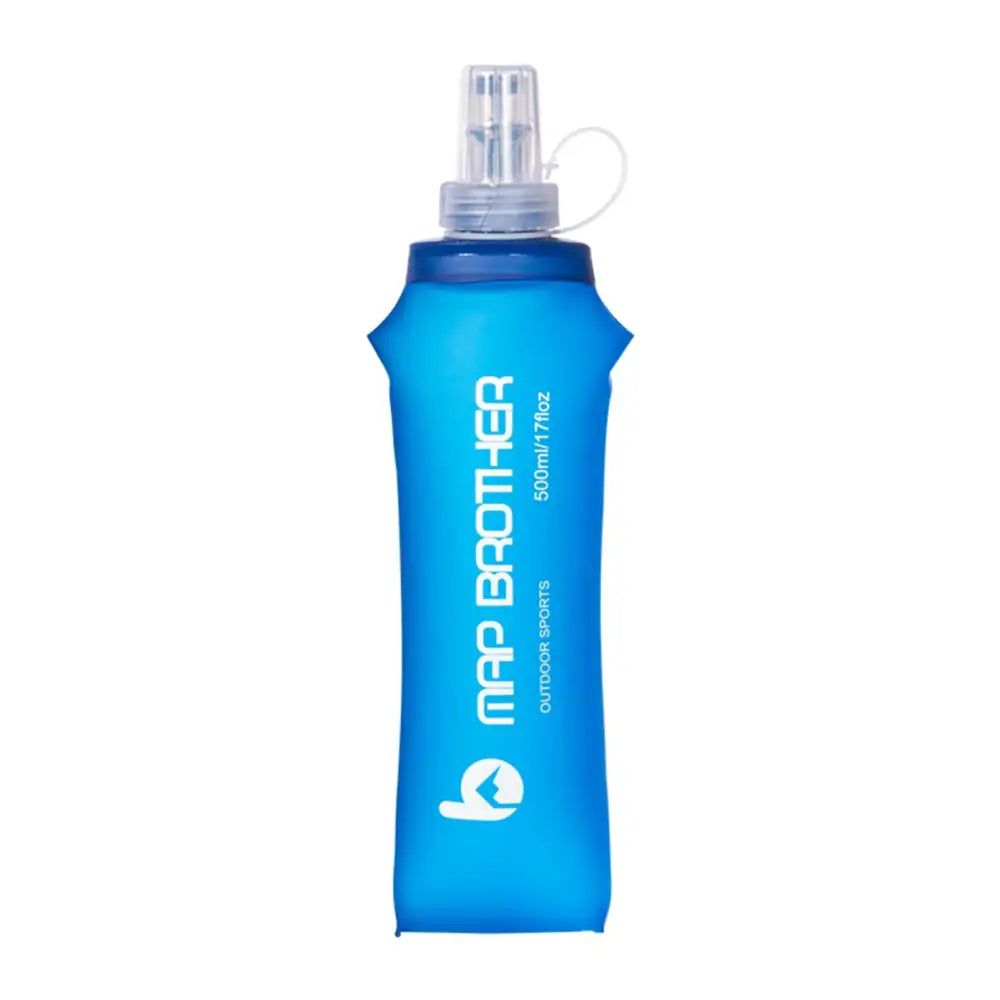 Blue soft flask water bottle with a spray nozzle cap labeled ’MFP BROTHER’.