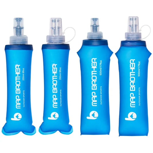 Soft blue water bottles or flasks labeled ’Map Brother’ with white spray nozzle tops.