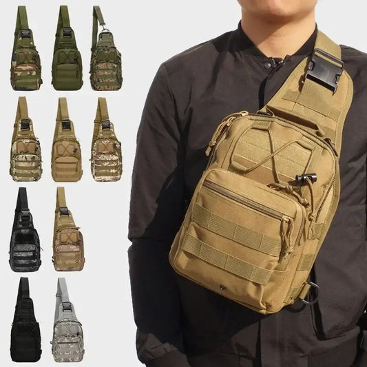 Tactical sling backpack worn across the chest.