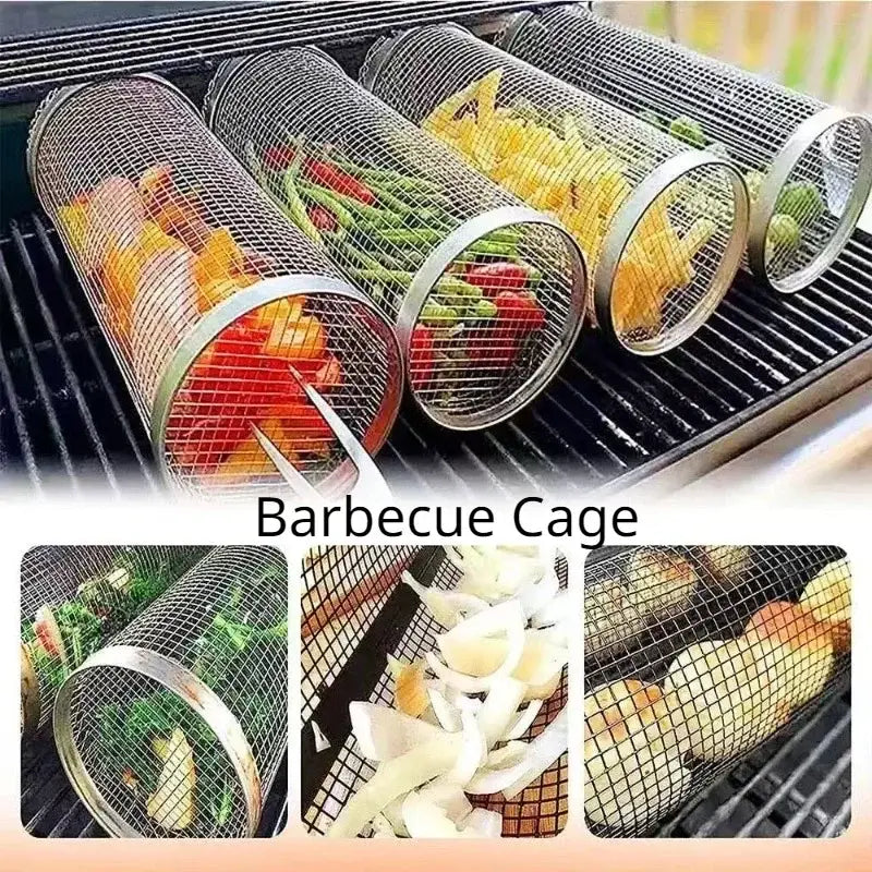 Cylindrical metal mesh containers for grilling vegetables on a barbecue.