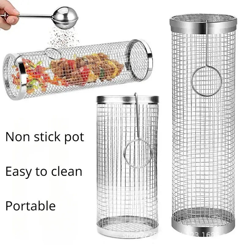 Cylindrical mesh cooking basket for spices or herbs with a spoon for seasoning.