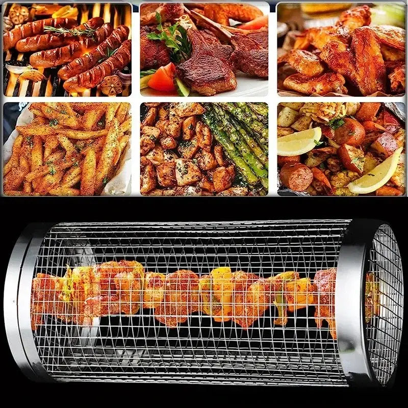 Rotisserie grill with meat skewers inside, surrounded by images of various grilled and cooked meats and vegetables.