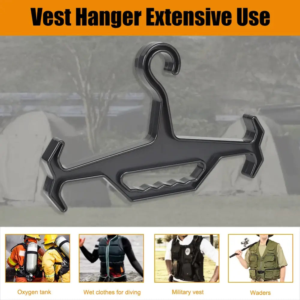 Black plastic hanger with multiple hooks and a textured central section designed for hanging vests and other specialized garments.